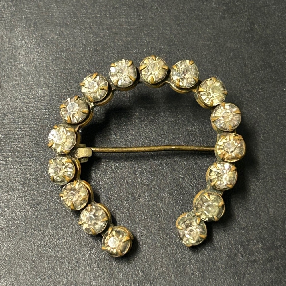 Antique Victorian Clear Gold Foil Backed Rhinestones Horseshoe Brooch Pin